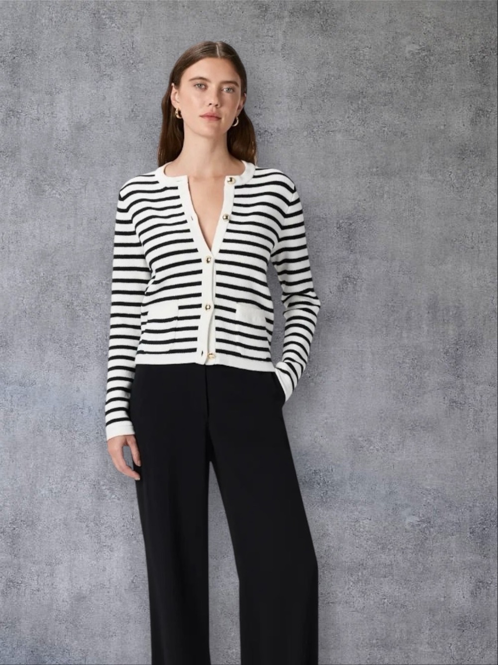 Quince Black and White Striped organic V-Neck Cardigan with Gold Buttons